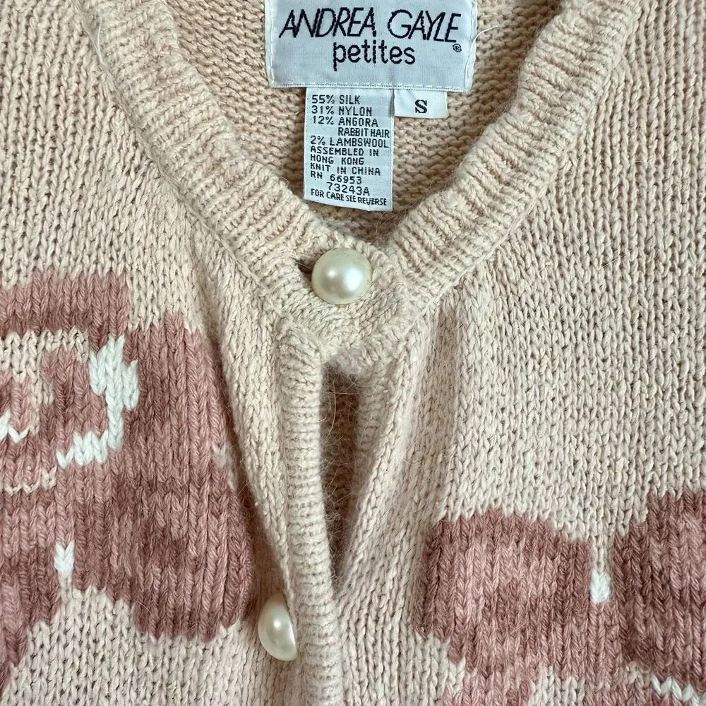 Andrea Gayle Vintage Sm Silk Wool Blend Pink Coquette Pearl Button Up Cardigan